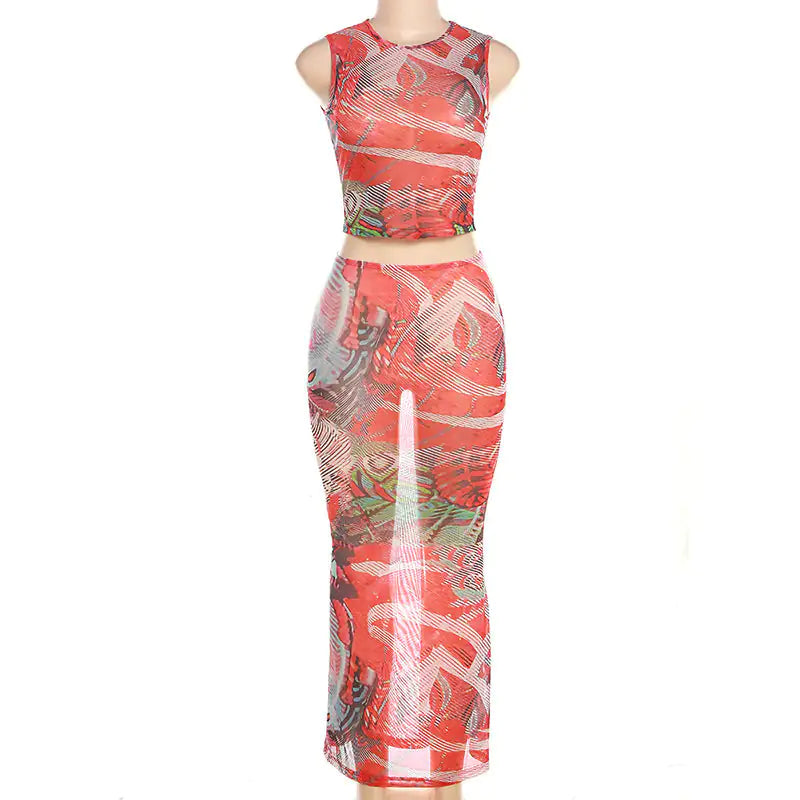 Callie Mesh Printed Maxi Summer Skirt Set