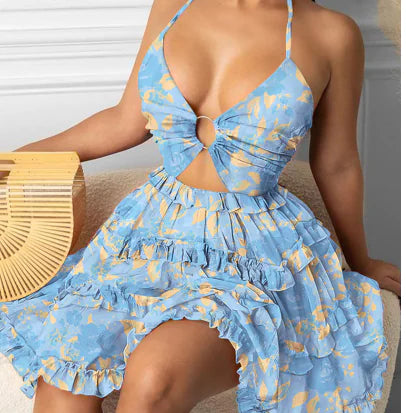 Hollow Out Strap V-Neck Elegant Floral Dress
