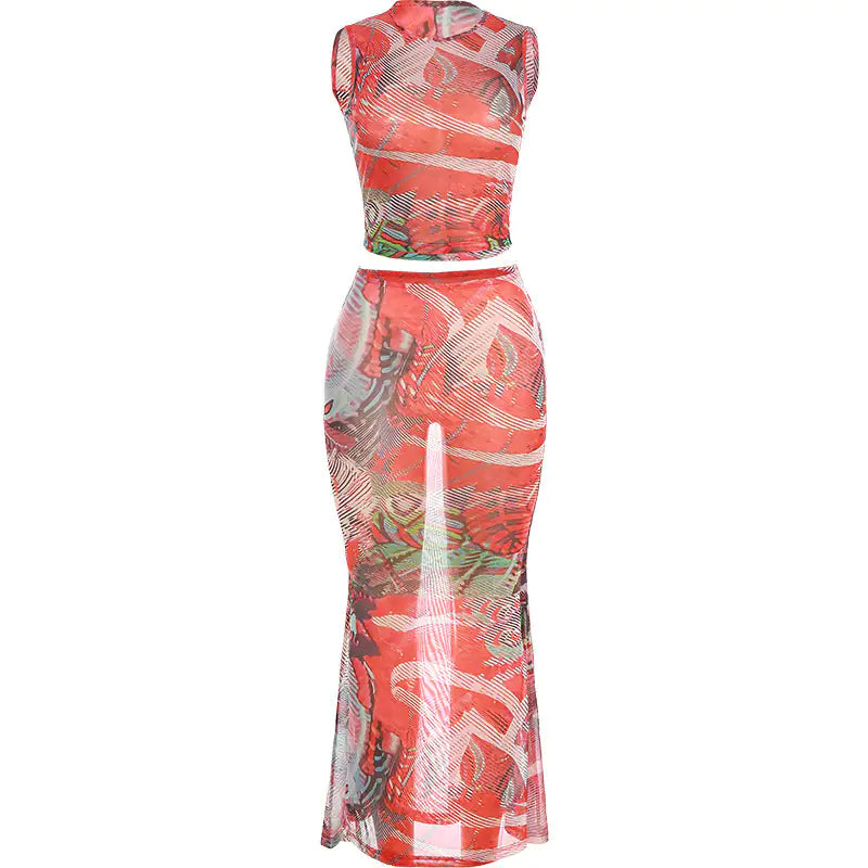 Callie Mesh Printed Maxi Summer Skirt Set