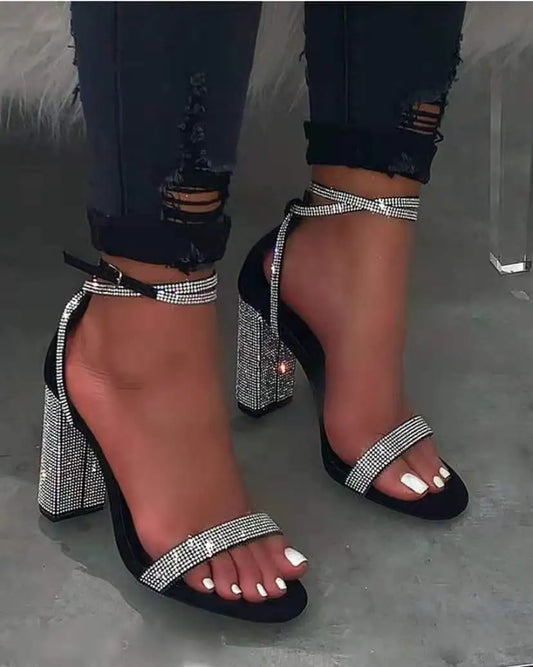 Rhinestone Chunky Heel Buckle Sandals