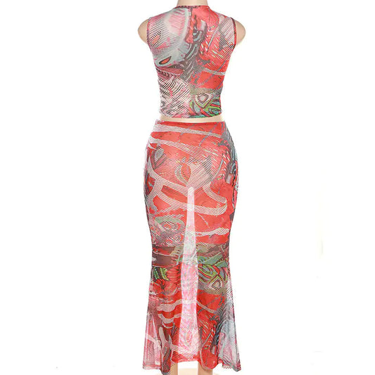 Callie Mesh Printed Maxi Summer Skirt Set