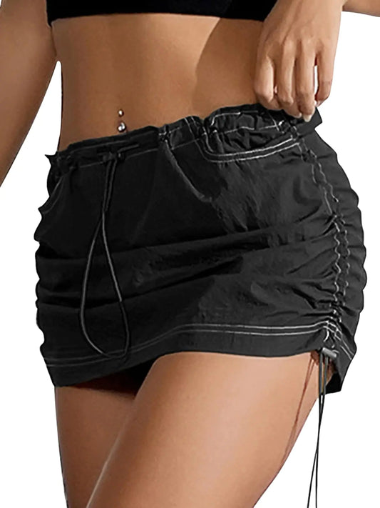 Cargo Skirts for Women Y2K Mini Skirt Trendy Summer Low Waist Side Drawstring Short Skirt with Pockets Black X-Large